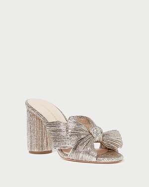 Loeffler Randall Penny Slip On Pleated Bow Heeled Mules Gold Champagne US 10